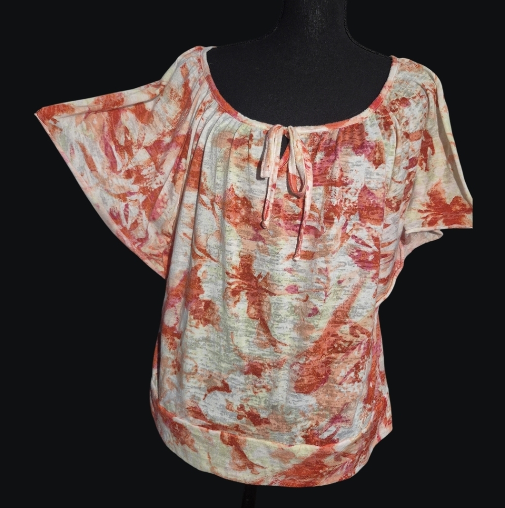 AB Studio Oragne Floral Print Flutter Sleeve Keyhole Tie Banded Hem Top - Sz Med